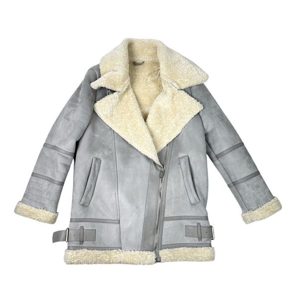 ZARA Outerwear Suede Effect Aviator Biker Sherpa Fur Lining Jacket Womens Small - Picture 1 of 7